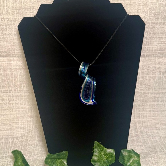 Handmade Lampwork Glass Pendant Necklace: Swirled Blue Ribbon Design 🌊 - Picture 4 of 4